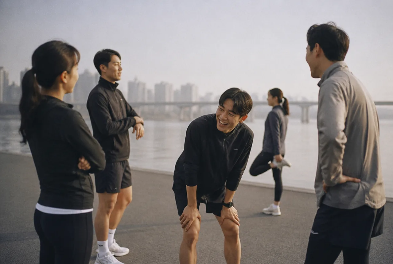 아침 한강에서 러닝 전 몸을 푸는 모임
