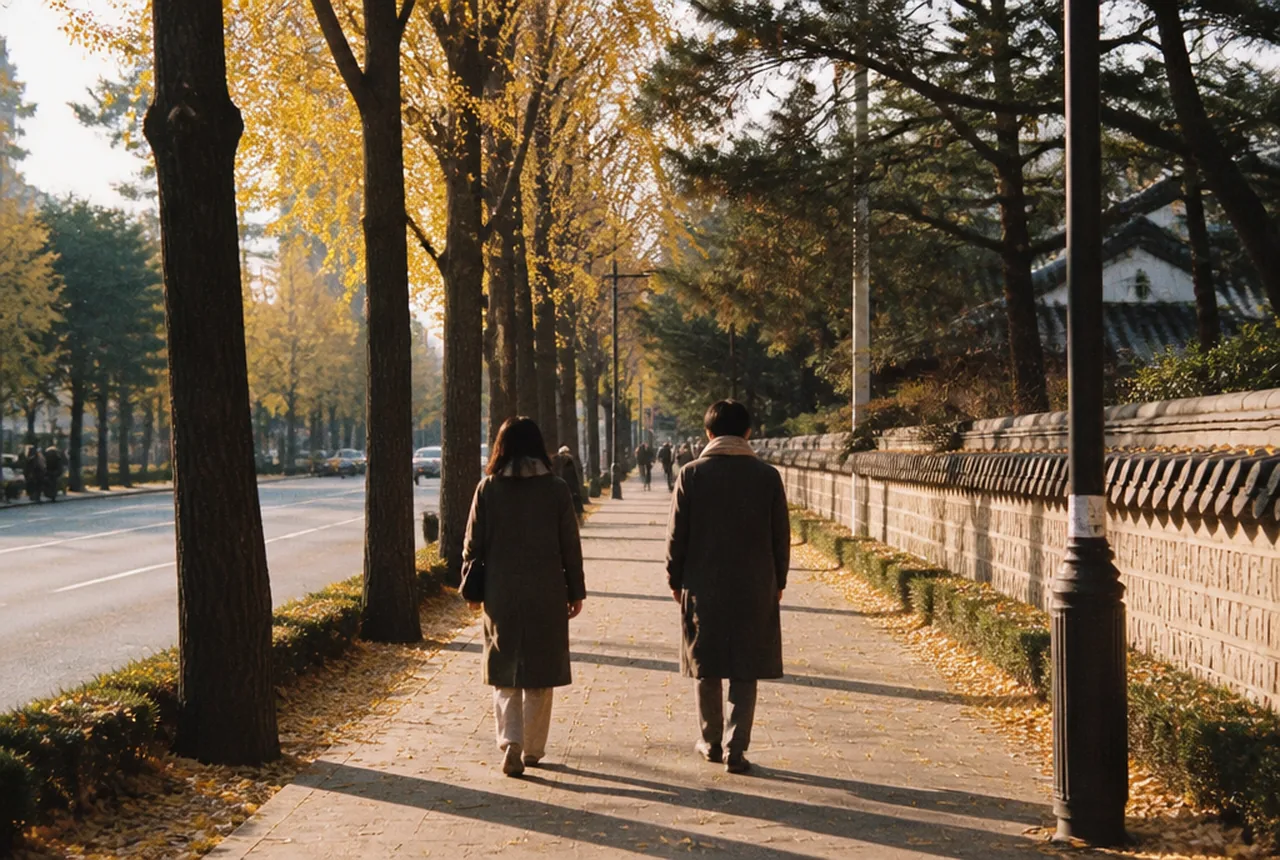 가을 가로수길을 나란히 걷는 두 사람