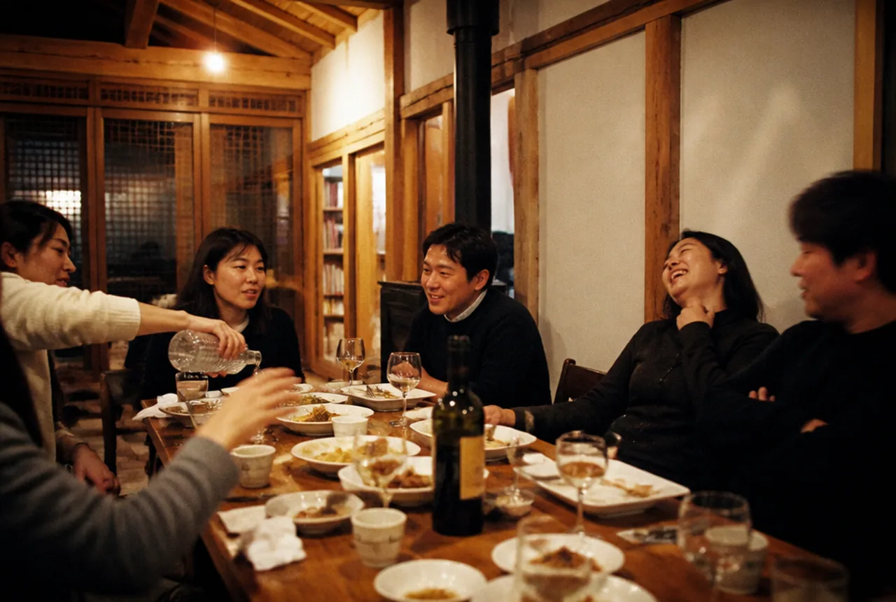 게스트하우스에서 함께 저녁을 먹는 모습
